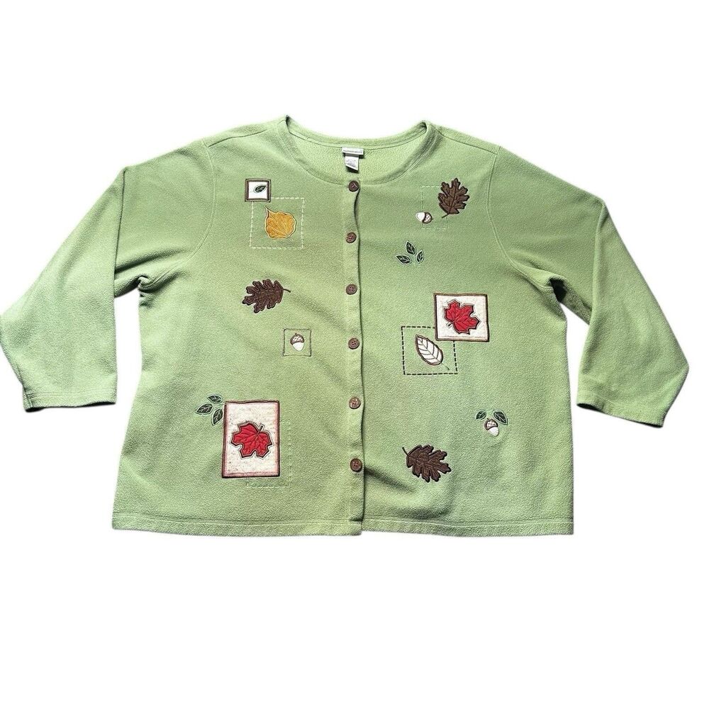 Fashion Bug Fall Leaves Cardigan Sweater Women’s 30/32W Green Embroidered Fleece